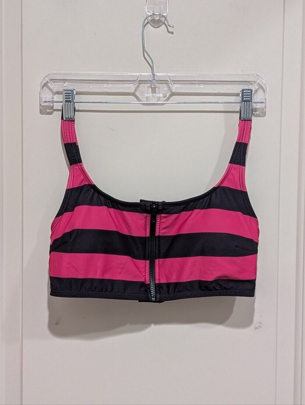 MICHAEL Michael Kors Hot Pink and Black Striped Zip-Front Bikini Top Size Medium